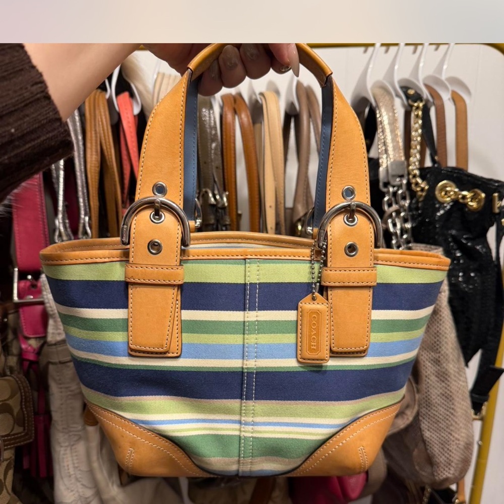 Coach Blue and Green Striped Tote